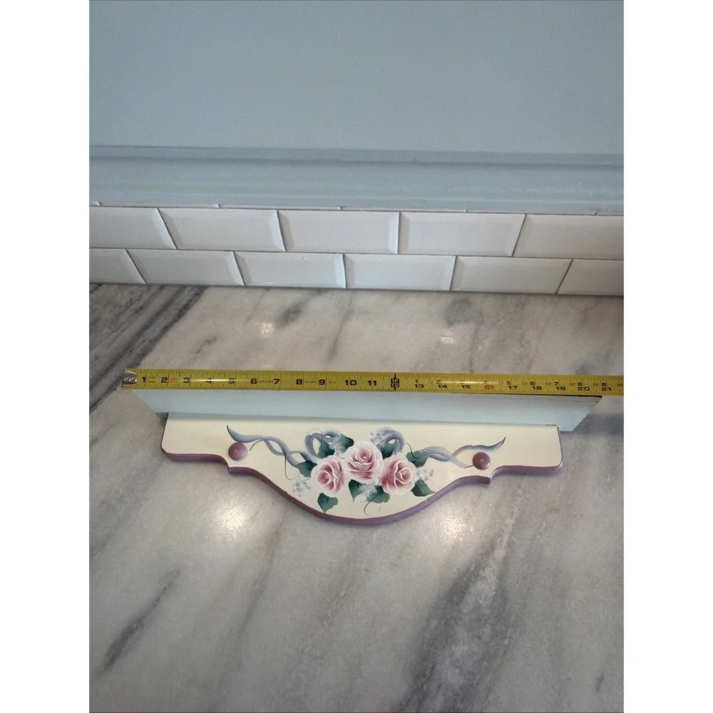 Vintage Cream/mauve Hand Painted Floral Wooden Wall Shelf 21